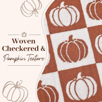 Fall Bath Towels Set of 2 - Checkered & Pumpkin Cotton 27.5 x 55 Inches - Pumpkin Variation