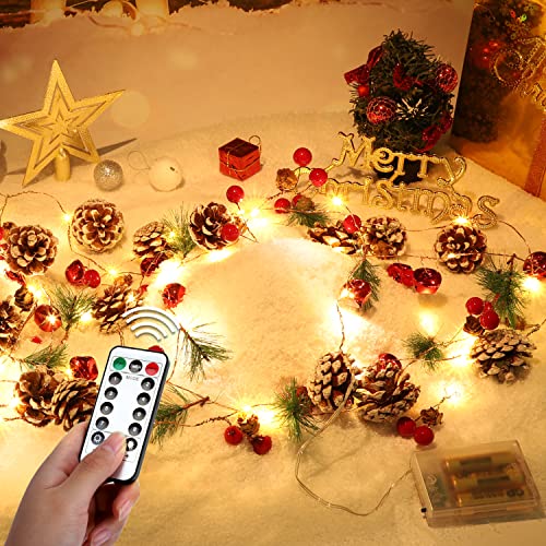 10 Ft Christmas Garland with Lights Pine Cones Berries & Bells Indoor Decor