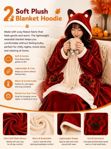 Halloween Wearable Blanket Hoodie - Plush Fox Cosplay, One Size