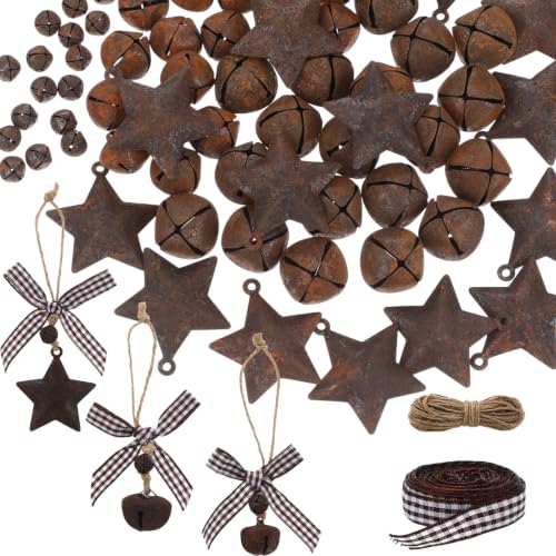 Vintage Rusty Metal Christmas Bells Kit with Stars & Twine - 82 Pieces