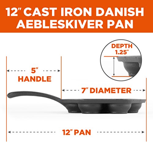 Commercial CHEF Cast Iron Danish Aebleskiver Pan, Preseasoned Cast Iron Cookware for Pancake Puffs, Makes 7 Pancake Balls