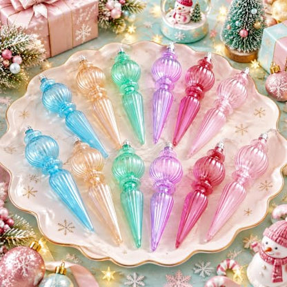 Pastel Crystal Finial Ornaments for Christmas Tree - Classic Style, 6.6 In, 12 Pcs