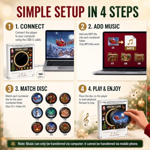 Magnetic Refrigerator Music Player with 9 Vinyl Discs, Custom MP3 Upload, LED Light, Christmas Decor