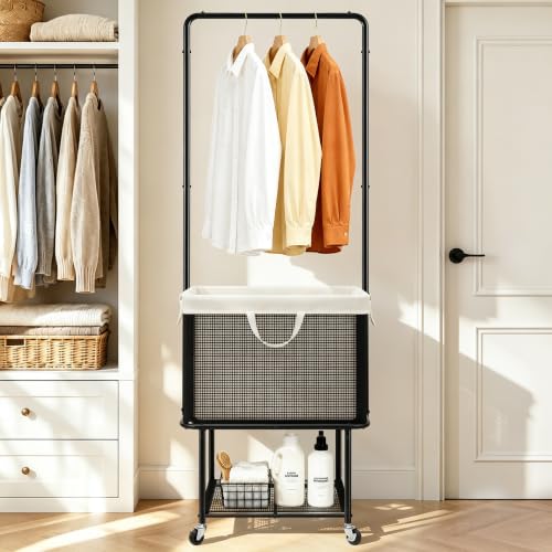 Rolling Laundry Cart with Hanging Bar, 100L Hamper & Storage Shelf