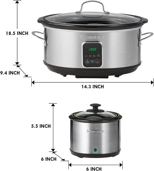Kenmore Slow Cooker - Programmable 7 Qt with Dipper Sauce-Warmer | Black & Silver Stainless Steel
