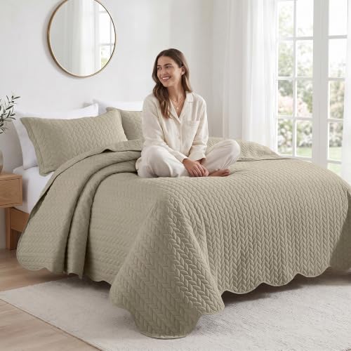 Queen Size Leaf Embossed Quilt Set with Pillow Shams - Beige, 90x96, Reversible