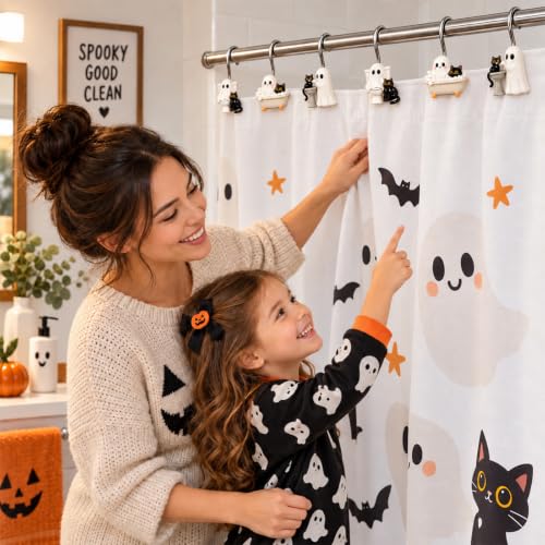 Halloween Shower Curtain Hooks Ghost & Black Cat Set - 12 Pack