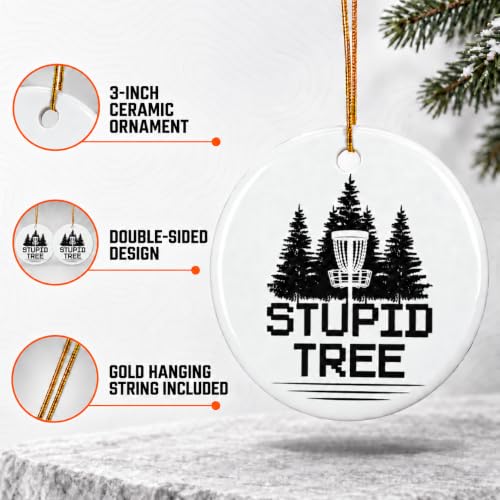Disc Golf Christmas Ornament Stupid Tree - Funny Holiday Gift for Disc Golfers, 3-Inch Two-Sided Ceramic Decor with Gift Box