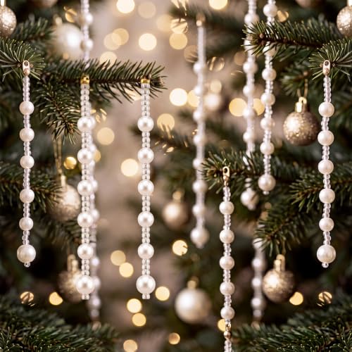 Pearl Christmas Tree Ornaments Set - 100 White Beads with Clear String