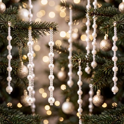 Pearl Christmas Tree Ornaments Set - 100 White Beads with Clear String