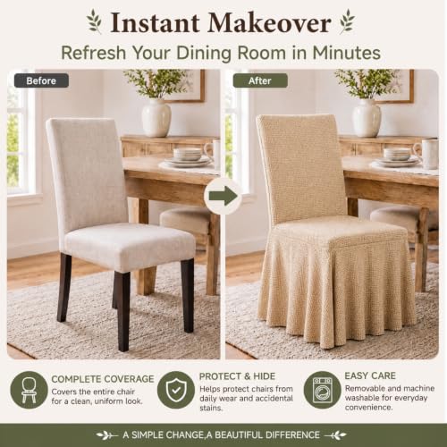 Ruffled Skirt Dining Chair Covers Set - 4 Pack Linen-Look Stretch Covers