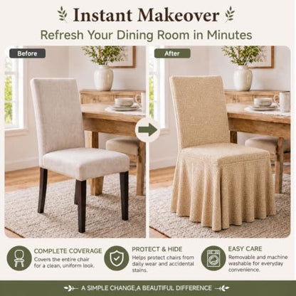 Ruffled Skirt Dining Chair Covers Set - 4 Pack Linen-Look Stretch Covers