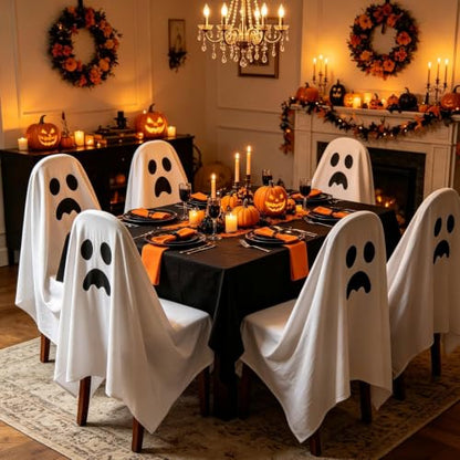 Halloween Ghost & Pumpkin Chair Covers Set - 4 Pieces, Festive Seat Wraps (Variation of Ghost)