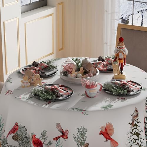 Christmas Round Tablecloth 60x60 Inch Pine Tree Birds Winter Decor Washable