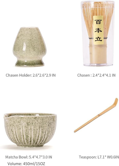 TANG PIN Matcha Set - 4-Piece Matcha Kit with Bowl, Whisk, Scoop & Stand | Mottled Green 15 OZ
