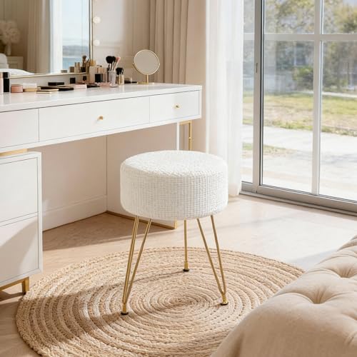 DUMOS Velvet Vanity Stool - Beige Small Round Ottoman Foot Rest