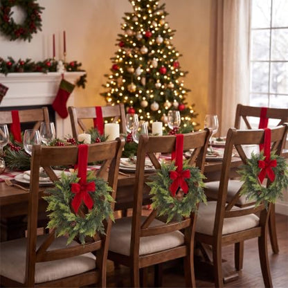 Mini Christmas Wreath Set with Red Velvet Bow - 6 Pcs Holiday Decor