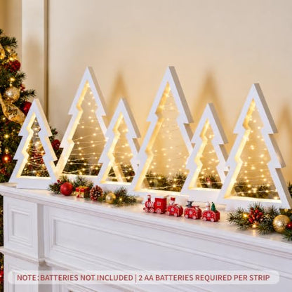 6 Pcs Wooden Christmas Trees with Lights Set - White Tabletop Holiday Decor - Variation of 6
