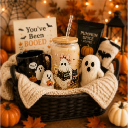 Halloween Glass Cup with Lid & Straw - Ghostbook Design, 16oz Book Lover Gift