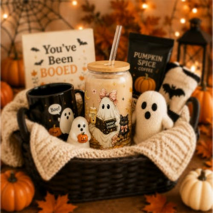 Halloween Glass Cup with Lid & Straw - Ghostbook Design, 16oz Book Lover Gift
