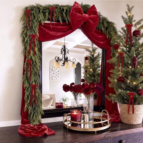 Red Velvet Bow Christmas Tree Topper Set with 12 Small Bows - Large Red Holiday Decoration