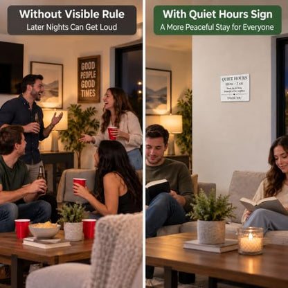 Vacation Rental Quiet Hours Sign - 8 x 6 Inch Acrylic - Clear Adhesive Mount - Defines 10 PM–7 AM Rule
