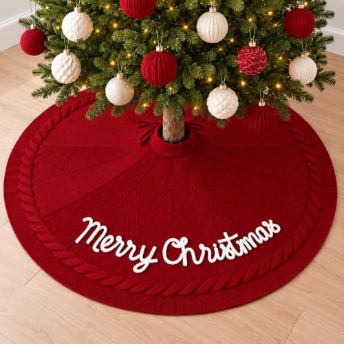 48 Inch Burgundy Knitted Christmas Tree Skirt - Holiday Decor, Gift Idea