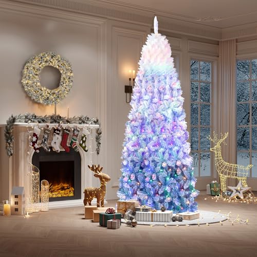 6 Ft Prelit Artificial Christmas Tree with RGB & Warm White Lights - Snow Flocked, Blue Gradient - Foldable Base
