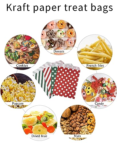 Christmas Treat Bags 100 Pack - Red and Green Polka Dot & Striped Paper Gift Bags