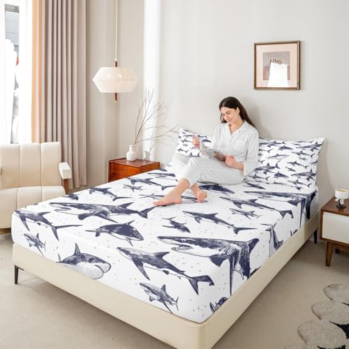 Shark Fitted Sheet Queen Deep Pocket Ocean Life Bedding Set Pattern 105