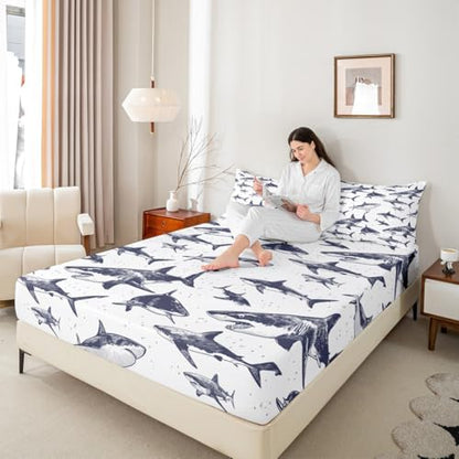 Shark Fitted Sheet Queen Deep Pocket Ocean Life Bedding Set Pattern 105