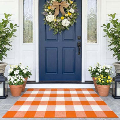 KOZYFLY Buffalo Plaid Door Mat - Halloween Orange White Rectangular 2'4" x 3'7"