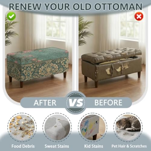 Vintage Peony Flower Large Ottoman Cover Stretch Slipcover with Elastic Bottom