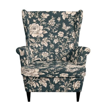 Dark Teal Floral Butterfly Wingback Chair Slipcover with Cushion, 2-Piece Stretch Armchair Cover for Room