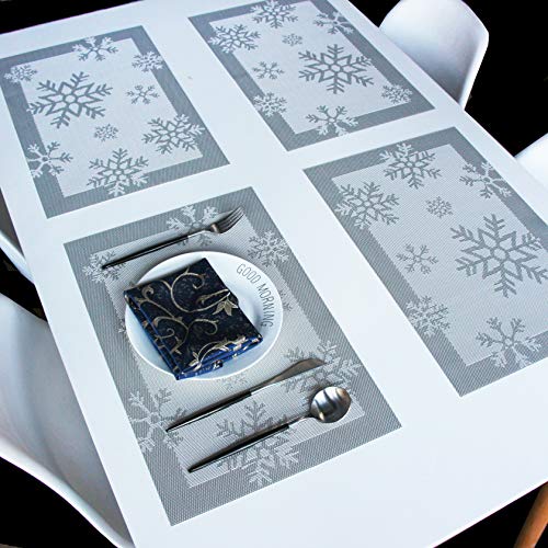 Christmas Snowflake Woven Placemats Set of 6 - Silver Heat Resistant & Washable