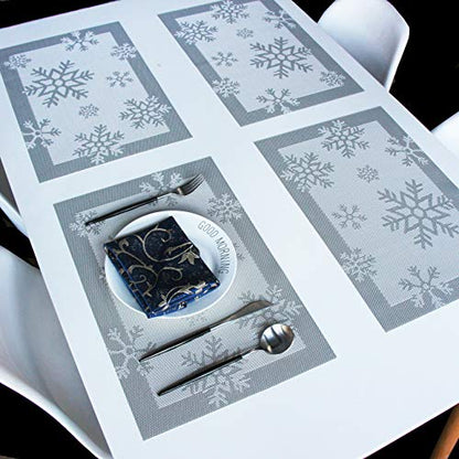 Christmas Snowflake Woven Placemats Set of 6 - Silver Heat Resistant & Washable