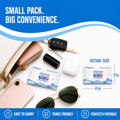 Mini Hand Sanitizer Wipes 8 Pack - Alcohol Wipes Travel Disinfectant, Fragrance-Free, 48 Total