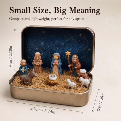 Mini Christmas Nativity Set in Tin Box - Holy Family Figurines, Small Creche, Resin, 2 Pieces