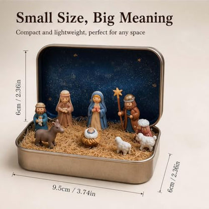 Mini Christmas Nativity Set in Tin Box - Holy Family Figurines, Small Creche, Resin, 2 Pieces