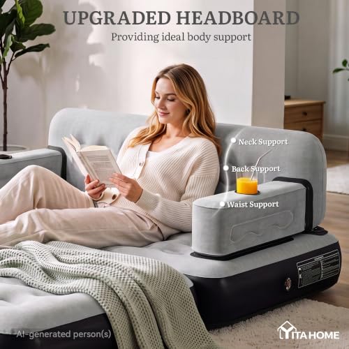 Queen Size Air Sofa Bed Mattress with Headboard & Pump, Inflatable Couch for Home & Travel