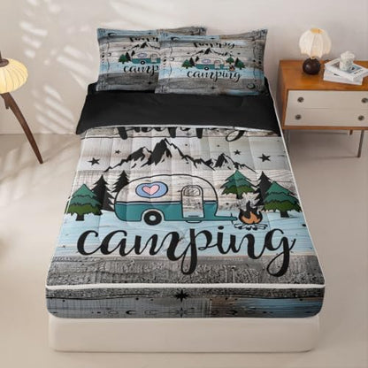 Kids Queen Zipper Bedding Set for Camping Bunk Bed - Black Green Grey Blue Variations