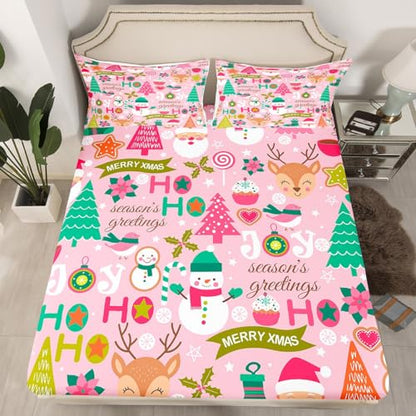 Kids King Christmas Tree Sheet Set Pink Deep Pocket - Holiday Bedding