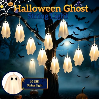Outdoor Solar Ghost Halloween Decorations - White, 10 String Lights, Weather-Resistant