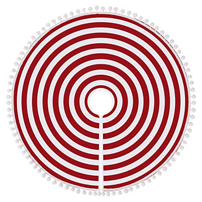 Christmas Tree Skirt 48 Inch Red White Rings with Pom Pom Trim - Holiday Decor