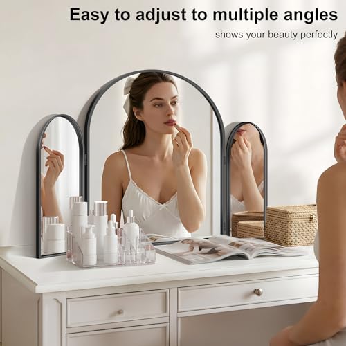 Black Arched Trifold Vanity Mirror 36x24 Inch Wall & Tabletop Makeup Mirror