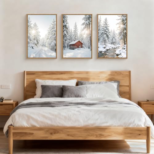 Christmas Winter Canvas Wall Art Set - Red Barn Snowy Forest Landscape 16x24 in - Farmhouse Cabin Decor with Framed Prints - Variation: Red Cabin in Snowy Forest