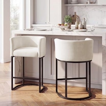 Beige Chenille Counter Height Bar Stools Set of 2 with Arms & Footrest - 26 Inch Kitchen Island Chairs