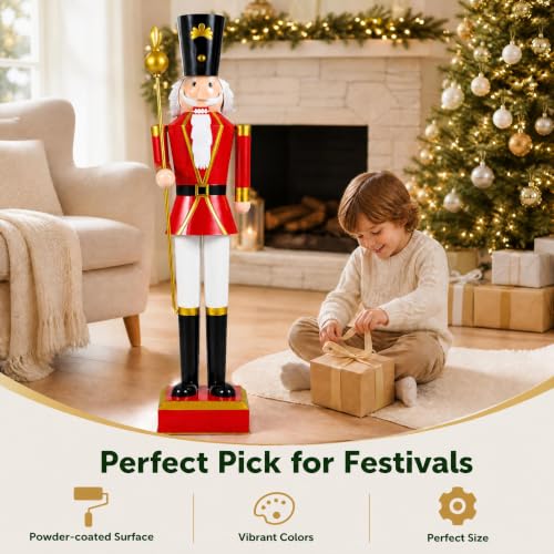4 Ft Christmas Nutcracker Figure with Scepter & Hat - Red, Indoor Outdoor Decor