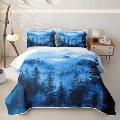 Blue Smoky Mountain Quilted Bedspread Set - Misty Pine, King Size