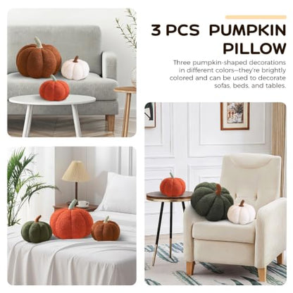 3D Pumpkin Throw Pillows Set - Green White Caramel Halloween Fall Decor, 11.02" & 7.87"